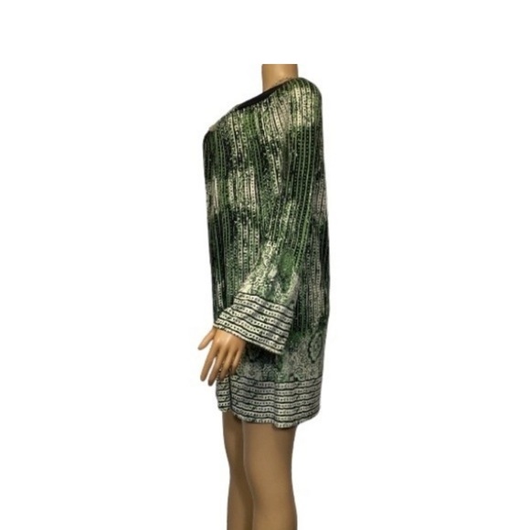 Beige By Eci Dress Mini Mod Tunic Boho Retro Green Black bell sleeves size M - Picture 5 of 14